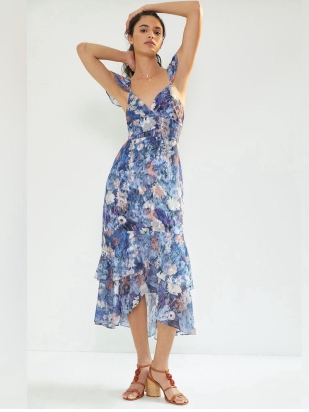 Anthropologie Hutch Ruffled Floral Blue Sleeveless Midi Dress Gown